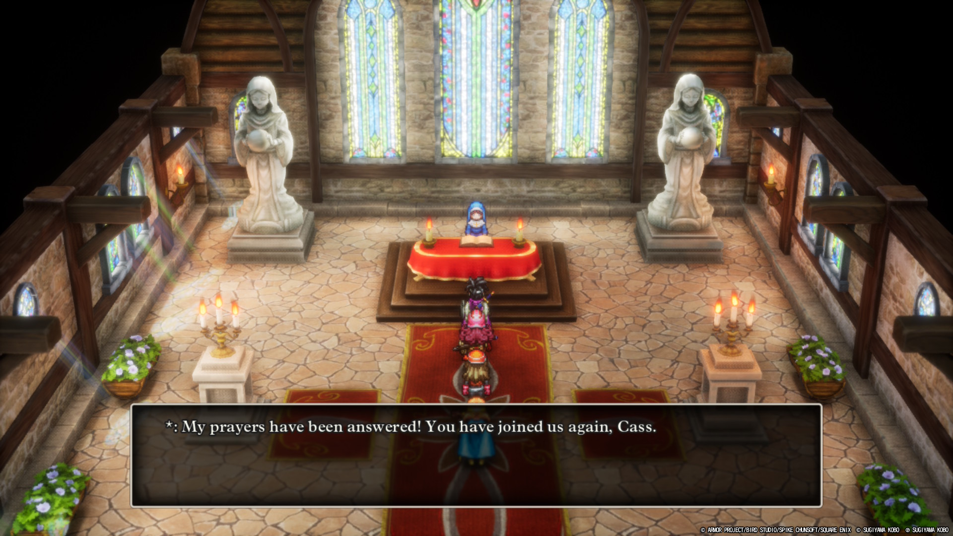 Screenshot from Dragon Quest III HD-2D. Image shows a group of adventuring women being greeted by a priestess in a well-lit church. She is stating that her prayers have been answered because my character has returned.